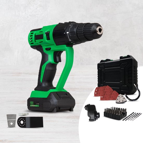 Hammersmith MultiTool-Set – 18 V – rotierendes und oszillierendes Akku-Multitool – Bohren, Schneiden, Sägen, Hobeln und Schleifen – umfangreiches Zubehörset und Koffer