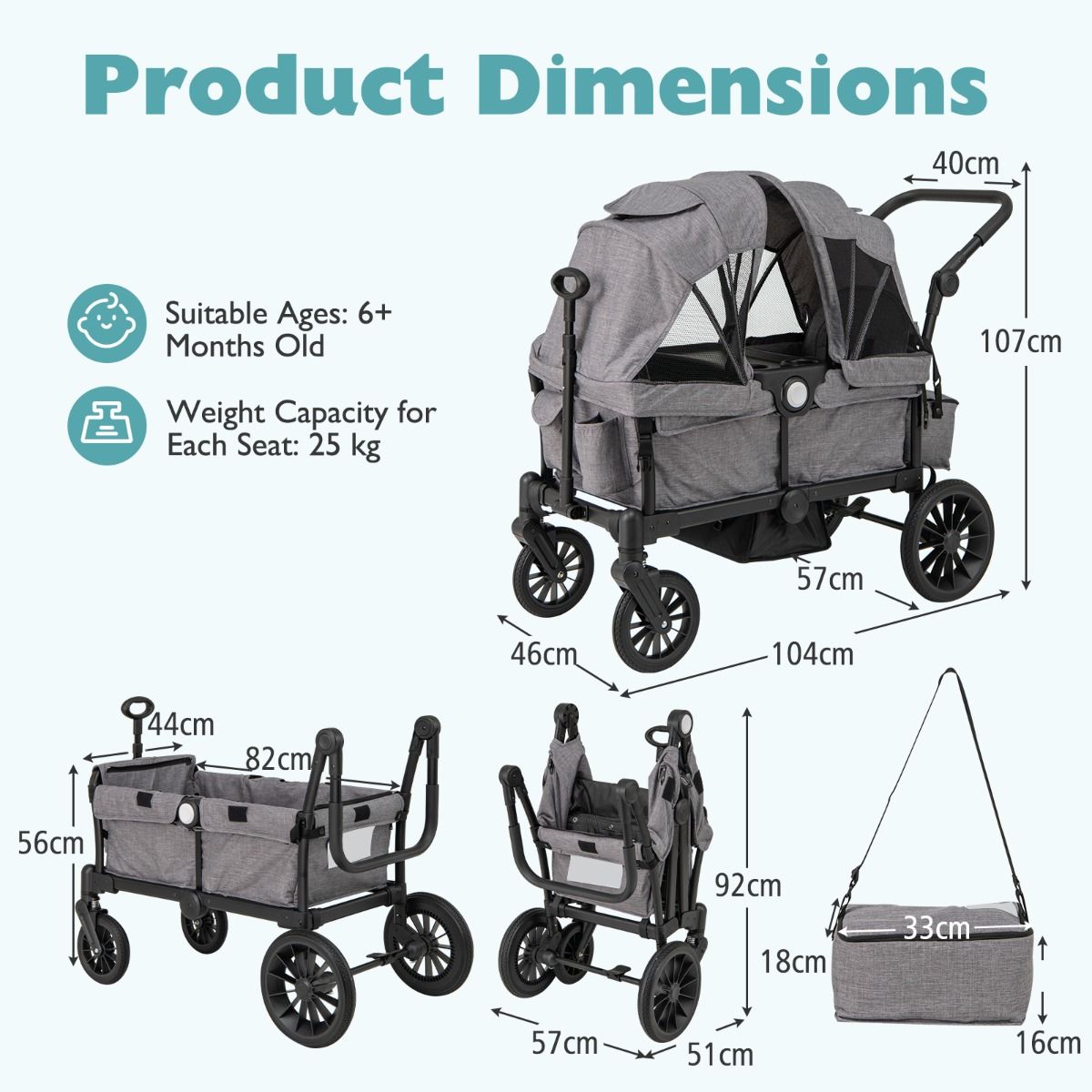 Coast 2-in-1 faltbarer Geschwisterwagen - Grau - 104 x 57 x 107 cm - Verstellbarer Griff & abnehmbares Verdeck