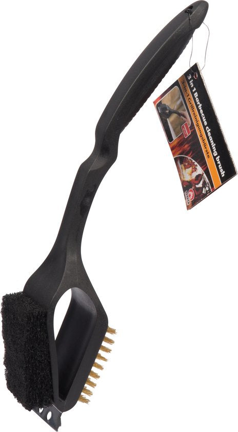 BBQ Collection Barbecue Reinigungsbürste - 3 in 1 - Stahlbürste - Scheuerschwamm - Schaber - 38 cm - Schwarz