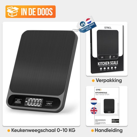 Strex Küchenwaage Digital - Küchenwaage - 1 g bis 10 kg - Tara-Funktion - Batterien enthalten - Schwarz