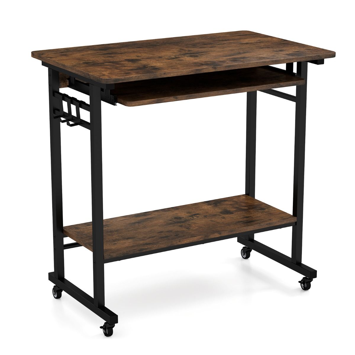 Coast Computertisch auf Rollen – mit Tastaturablage und Ablagegestell – Vintage-Braun – 80 x 50 x 78 cm