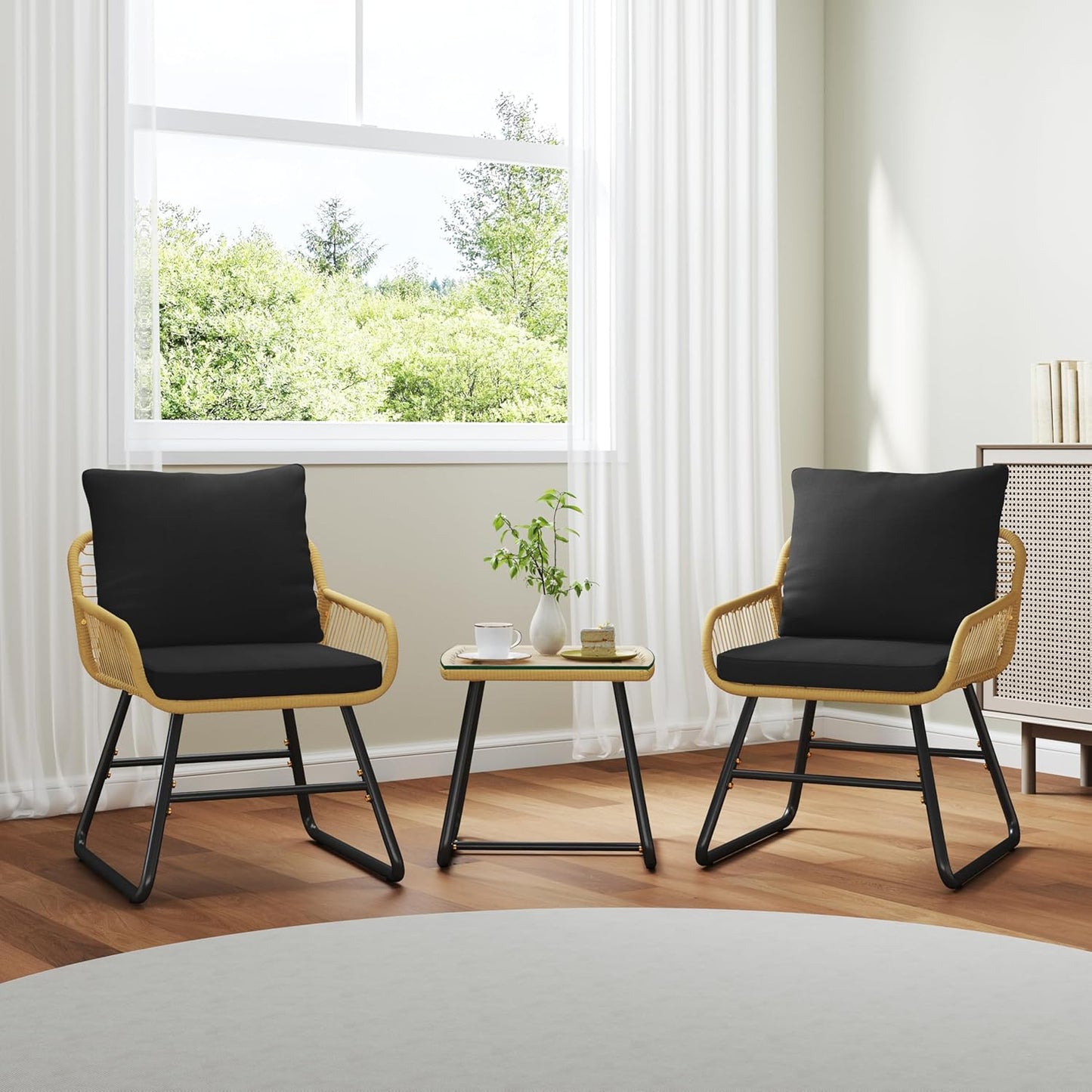 Yaheetech 3-teiliges Bistro-Set für den Garten – Beige/Schwarz – Rattan-Gartenset mit Glastisch und 2 Stühlen