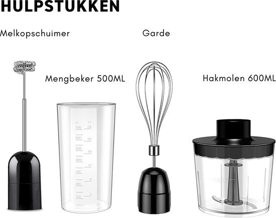 Safecourt Kitchen - 6-teiliges Stabmixer-Set - Inklusive Milchaufschäumer & Messbecher - Zerkleinerer - 1000 Watt - 20 Geschwindigkeiten