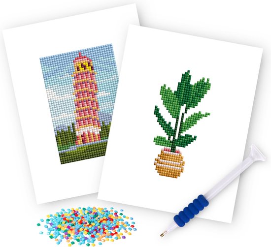 Rubye® Mini-Diamant-Gemälde - 2 Stück - Set - Erwachsene - Diamant-Gemälde Kinder - Turm von Pisa & Zimmerpflanze - 15x20cm