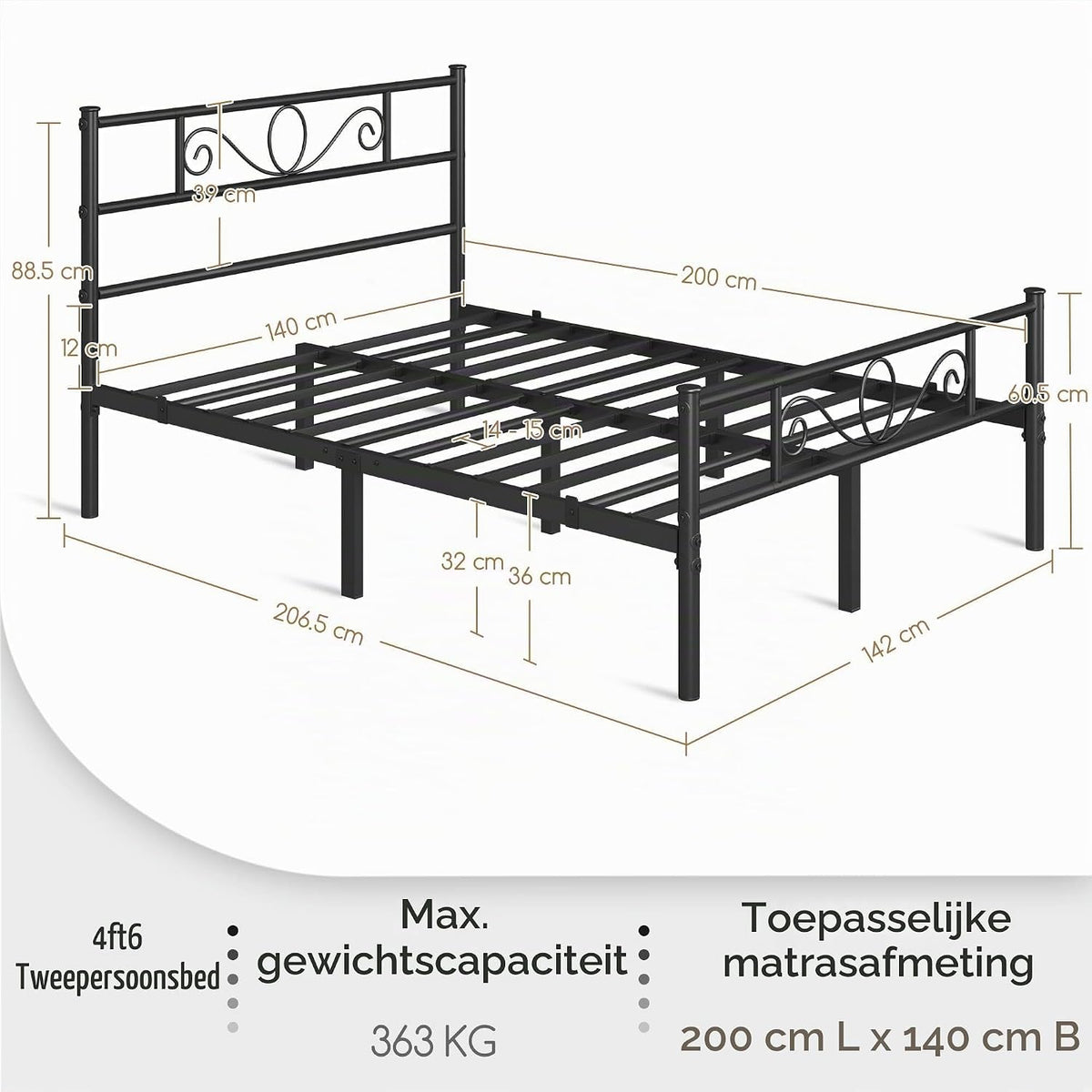 Yaheetech Doppelbett aus Metall 140 x 200 cm – Schwarzes Bettgestell – Mit Lattenrost