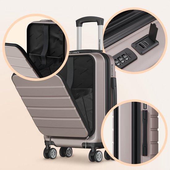 TRVLMORE Reisekoffer – 54 x 37 x 23 cm – Mit Frontfach – 44 l – TSA-Schloss – 4 Rollen – Roségold