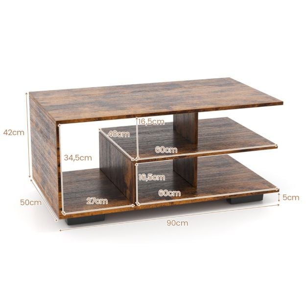 Coast Couchtisch mit 3 Ebenen – 90 x 50 x 42 cm – Natur/Weiß oder Rustikal-Braun
