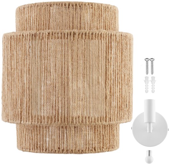tectake® Wandleuchte Lignea Lux - 40W - 12 x 23 x 25,5 cm - E14 - Wandleuchte für Wohnzimmer, Schlafzimmer, Esszimmer - Boho Style Burlap Lamp - Treppenhausbeleuchtung - halbrund