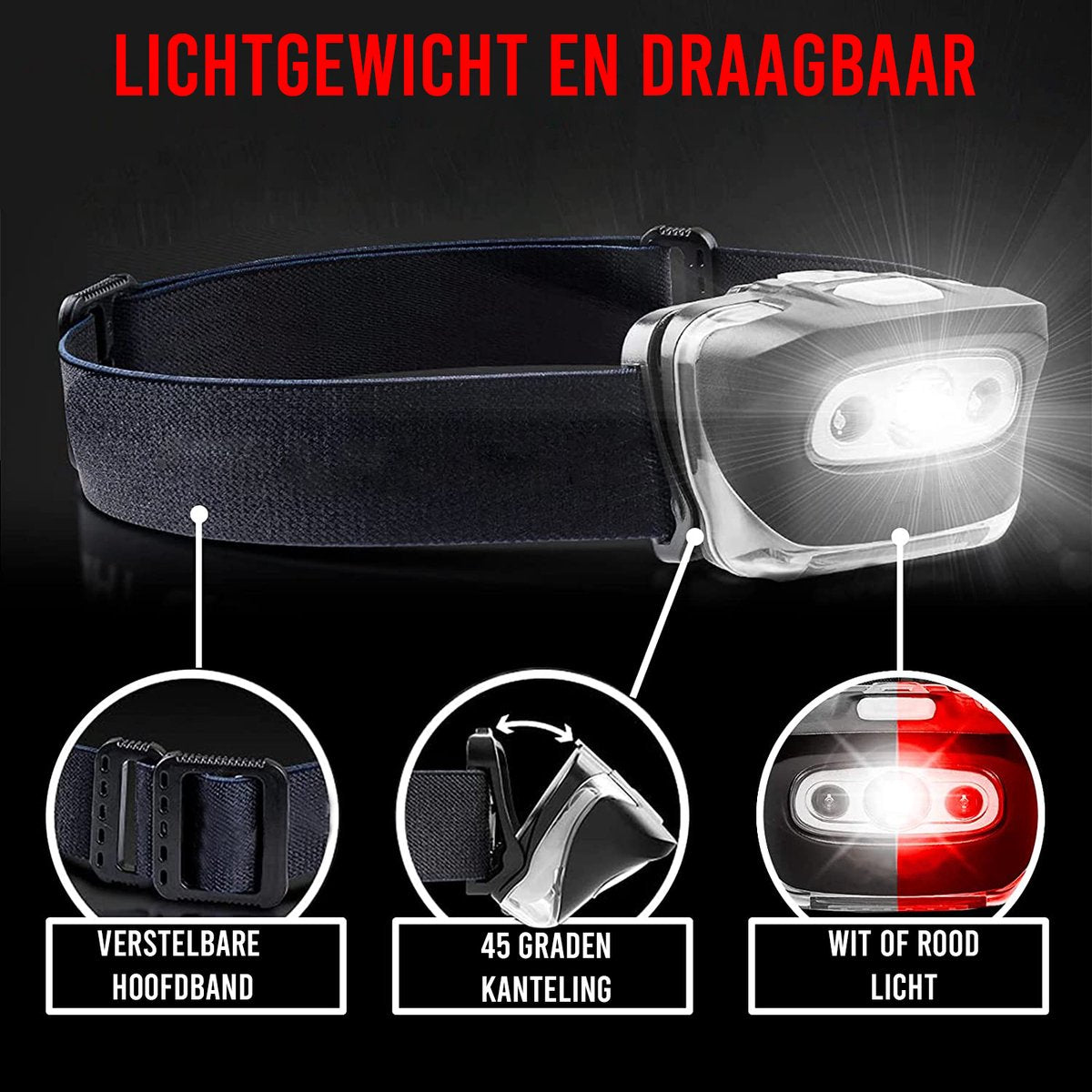 Podec® Militär-Stirnlampe - IPX4 Wasserdicht - Leichte LED-Stirnlampe mit weißem und rotem Licht - 7 Lichtmodi - Einstellbar - Outdoor & Survival - 50m Reichweite