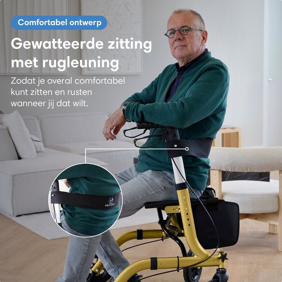 Safe Life® Rollator - Leicht und faltbar - Sitzfunktion - Für drinnen und draußen - Rückenlehne und Gehstockhalter - Gold