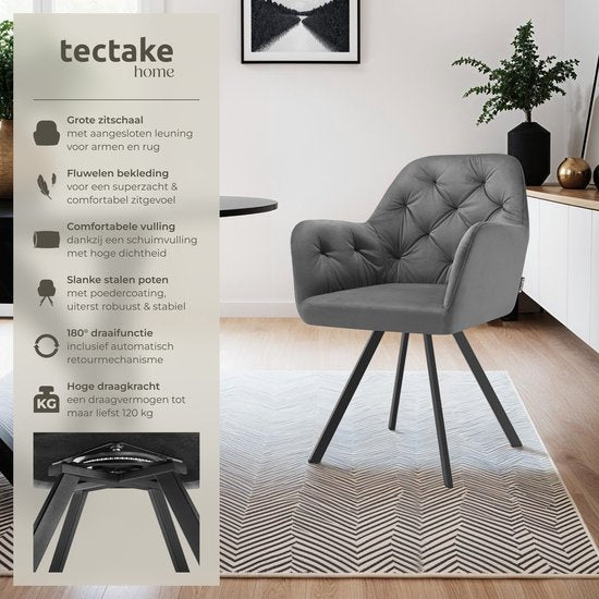 tectake - Drehstuhl in Samtoptik - Esszimmerstuhl mit Armlehnen - Ergonomischer Sitz und Rückenlehne - 180-Grad-Drehung - Moderner Stuhl mit Stahlbeinen - Verschiedene Farben - Anthrazit