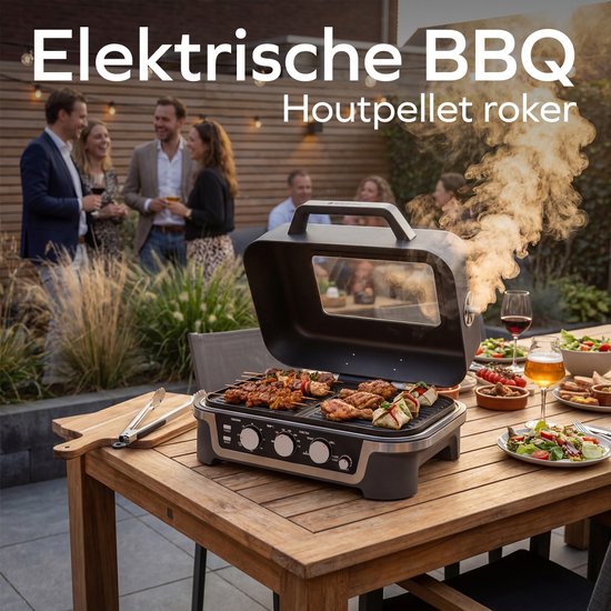KitchenBrothers Elektro-Grill und Smoker – Tischmodell für den Balkon – 90 °C bis 250 °C – 2600 W – Tischgrill – Mit Sichtfenster