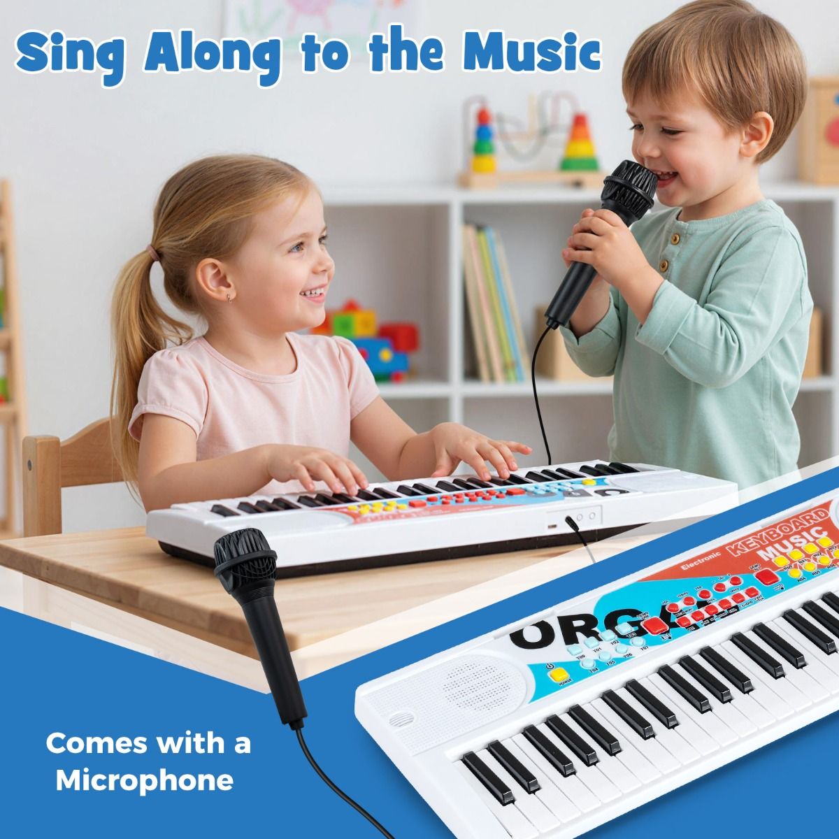 Coast Kinderkeyboard – 49 Tasten – tragbares elektrisches Keyboard – 8 Rhythmen – weiß