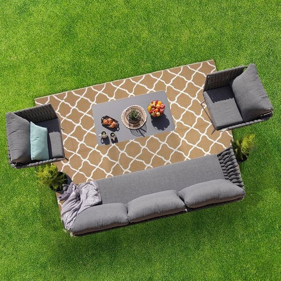 LifeGoods Outdoor Teppich - 152x230CM - Gartenteppich - Reversibel - Inkl. Tragetasche - Mit Muster - Beige/Weiß