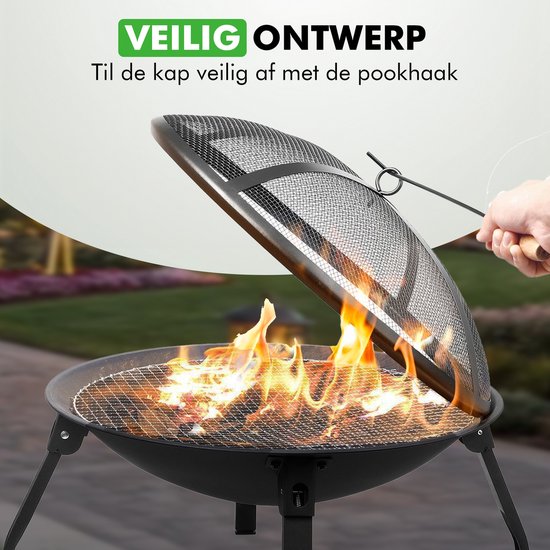 Travelhawk Feuerschale – Tragbare, zusammenklappbare Outdoor-Feuerschale – Feuerkorb für Grill – Mit Funkenfänger – Für Kohle oder Holz – 55 cm Durchmesser – Inklusive Deckel, Aufbewahrungstasche, Feuerzange und Grillrost