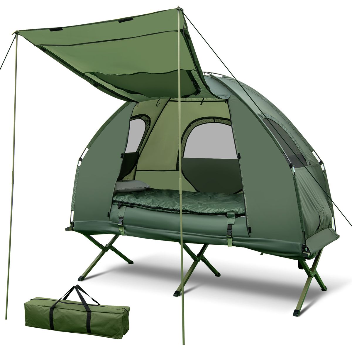 Coast Feldbett mit Zelt – 5-in-1-Camping-Set – Luftmatratze, Schlafsack und Kissen – Grün – 194 x 87 x 167 cm