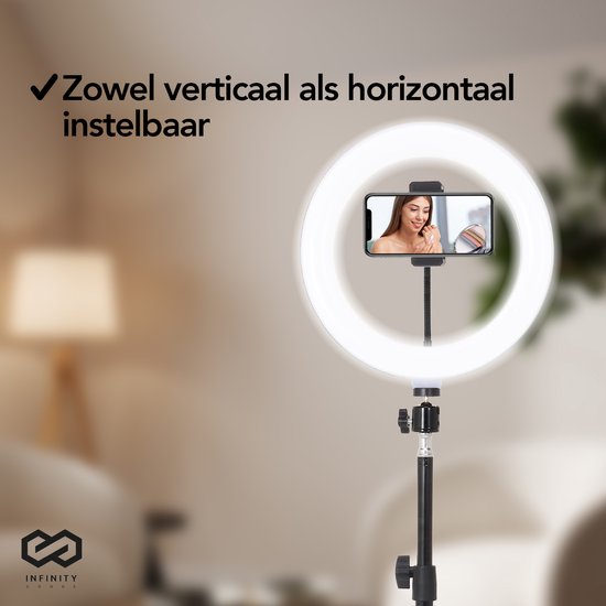 Infinity Goods Ringlicht mit Stativ - LED - 3 Farben - Verstellbares Stativ bis zu 186m - Inklusive Stecker - Selfie Ringlicht für Tiktok / Instagram / Youtube / Streaming / Arbeiten zu Hause - Schwarz