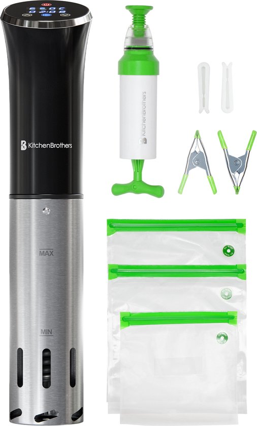 KitchenBrothers Sous Vide Stick Set - Inkl. Zubehör - 1200 W - 11 x 7,5 x 34,7 cm - Schwarz