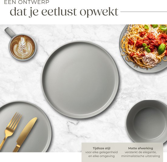 tectake® Geschirrset Una – 30-teilig – Steingut – für 6 Personen – stilvolles und langlebiges Geschirr – Set mit großen und kleinen Tellern, Schüsseln, Schälchen – Tassen – grau