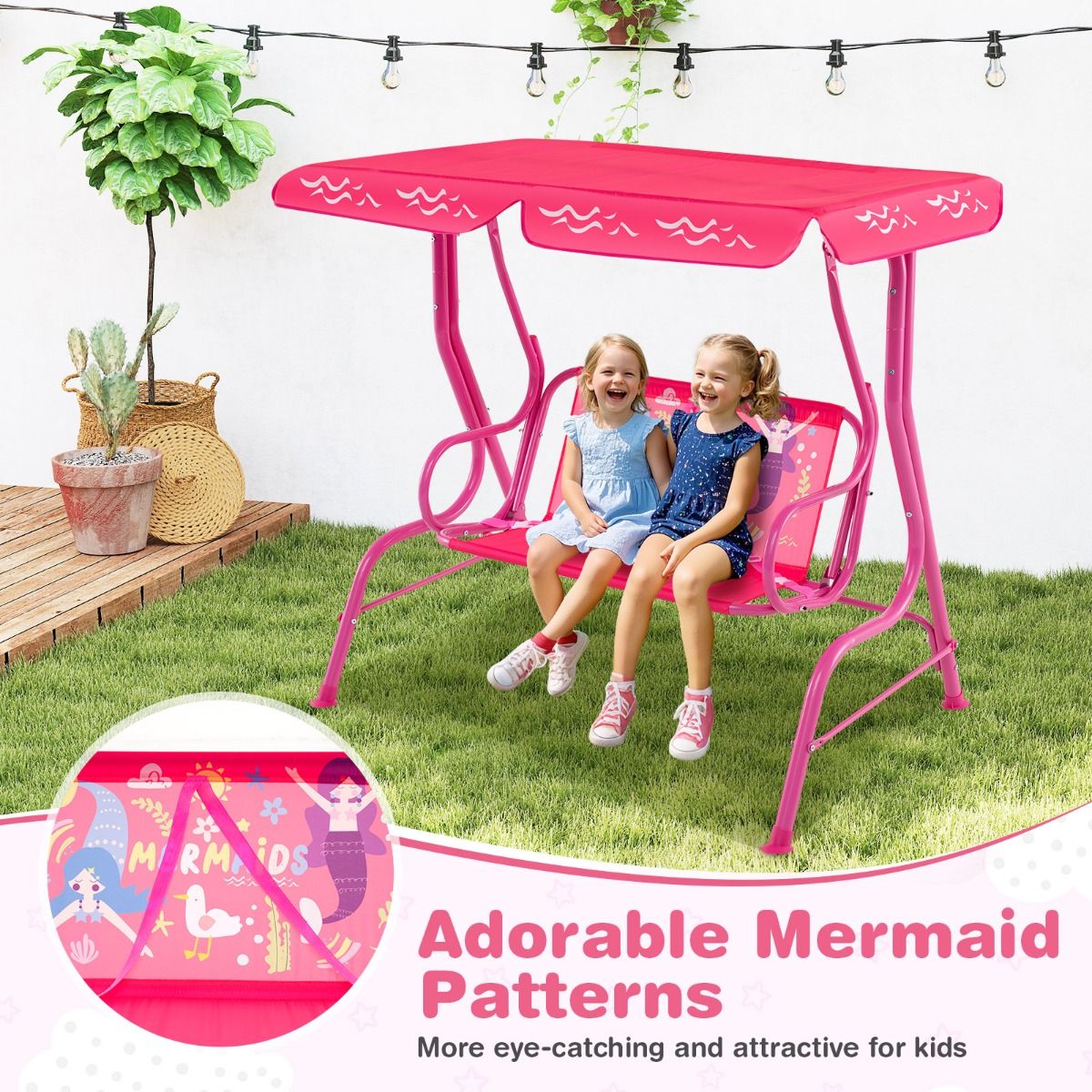 Coast Kinderschaukel 2-Sitzer für Terrasse und Außenbereich, Rosa, 112 x 76,5 x 111 cm, mit Metallgestell, verstellbarem Baldachin und Sicherheitsgurten