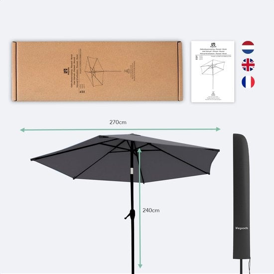 LifeGoods Sonnenschirm - 270 cm - 30° neigbar - Wasserdicht - Mit Bezug - Dunkelgrau