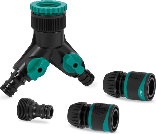 VONROC 2-Wege-Wasserverteilerset - Doppelhahnanschluss - Inkl. Schlauchkupplungen und Steckadapter