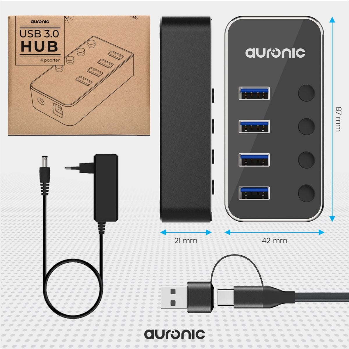 Auronic USB Hub 3.0 - USB Splitter mit 4 Ports - mit Netzteil - 5 GBPs - Led-Anzeige - Schwarz