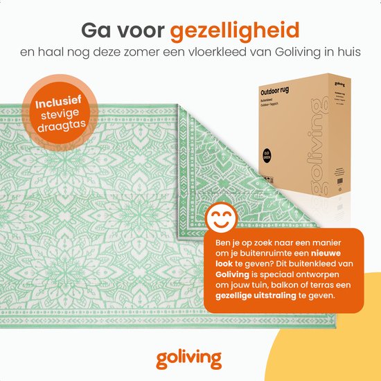 Goliving Outdoor Teppich Sommer Flora - 183x290CM - Gartenteppich - Outdoor Teppich - Teppich - Gartenteppich - Reversibel - Inkl. Tragetasche - Grün/Weiß