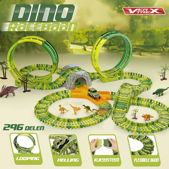 Vertrex 260-teilige Dinosaurier-Rennstrecke XXL - Dino-Spielzeug - mit 2x selbstfahrendem Safari-Auto