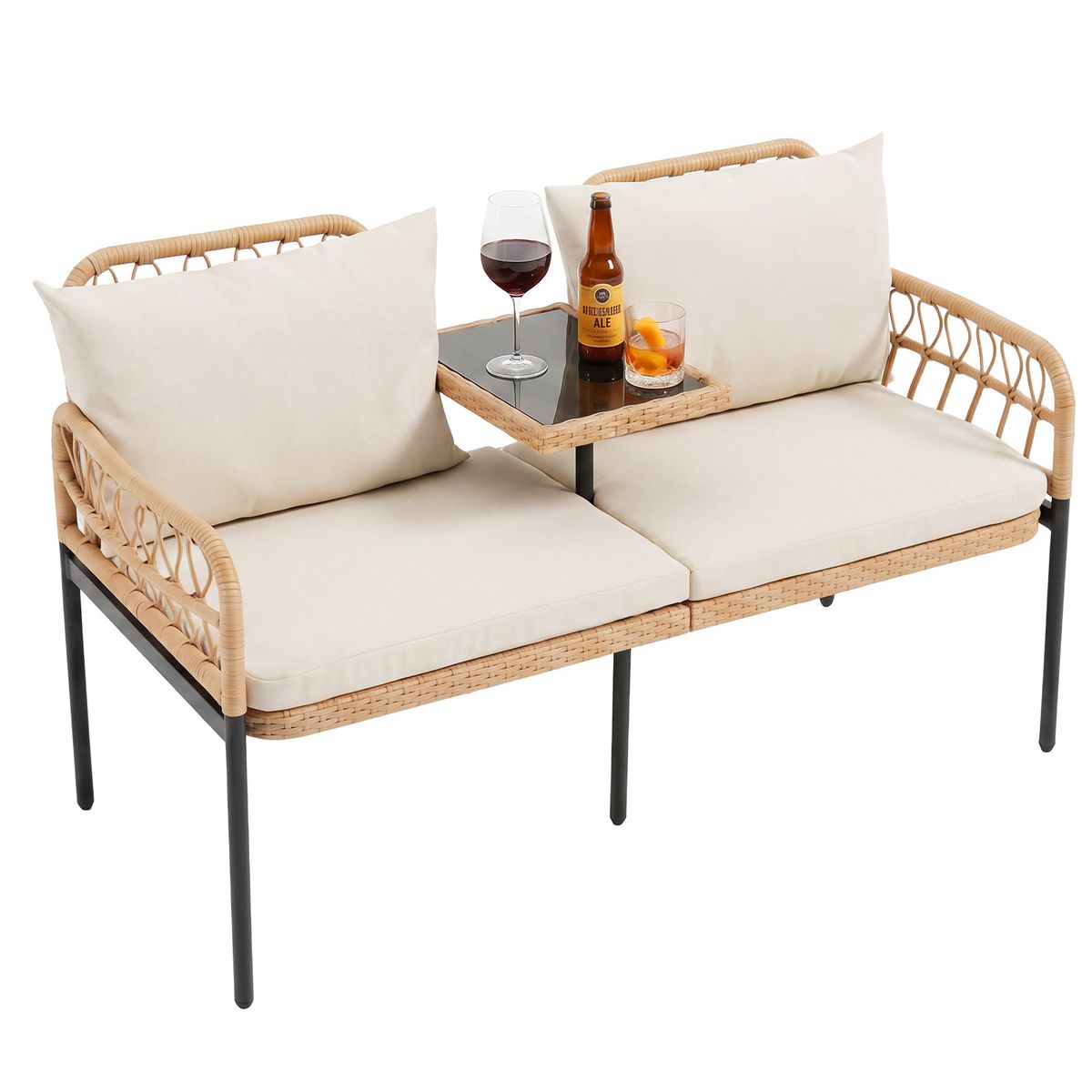 Coast Gartenbank mit Kissen – 2-Sitzer-Balkonbank – integrierter Glastisch – naturfarbenes Polyrattan – 137 x 64 x 84 cm