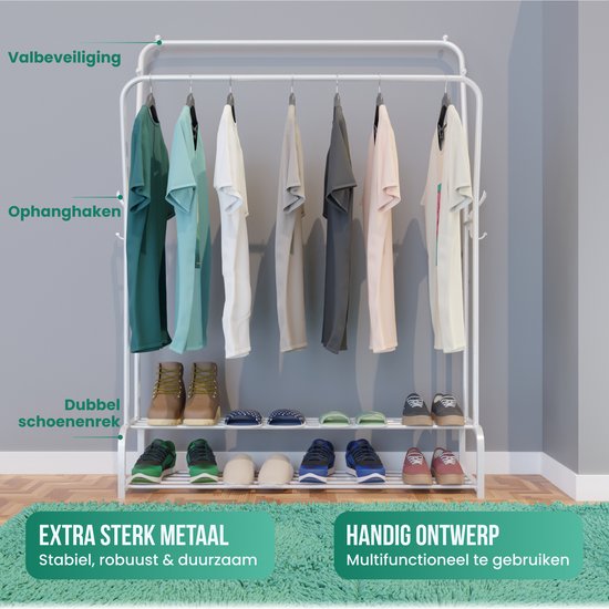 Avalo Industrieller Kleiderständer Doppelstab - Metall - 110x33x150 CM - Weiß - Aufbewahrung für Schuhe - Garderobenständer mit Haken