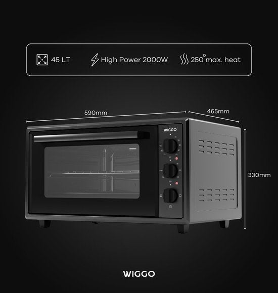 Wiggo WMO-E456(B) – Freistehender Mini-Backofen – elektrisch – 60 cm – 45 Liter – 2000 W – 5 Jahre Garantie – Schwarz