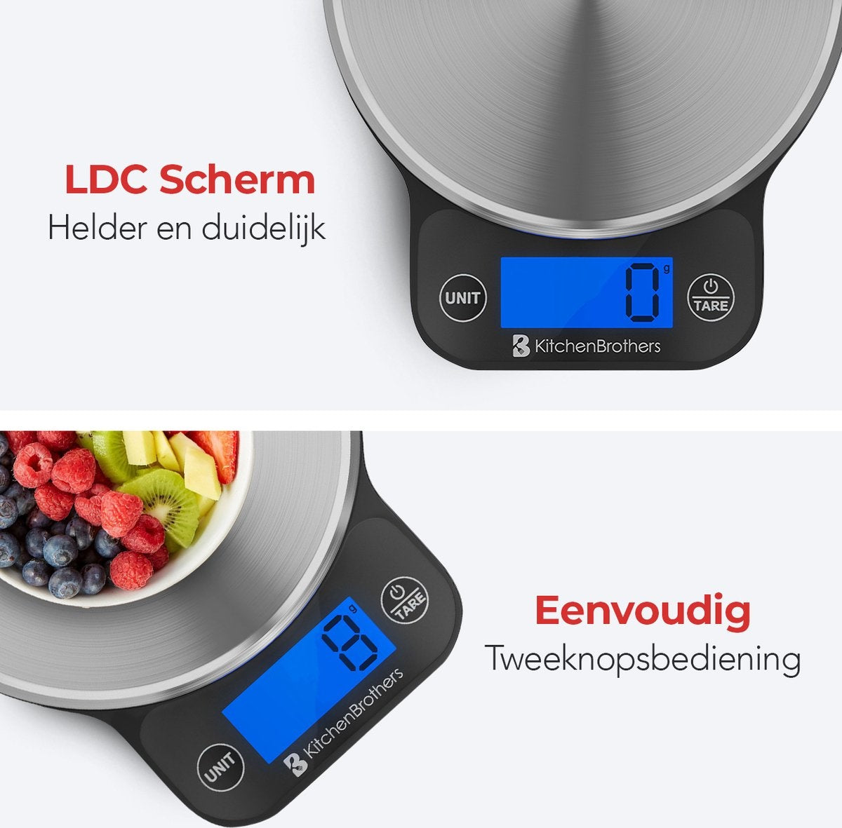 KitchenBrothers Küchenwaage - Waage Küche Digital - 1 g bis 6 kg - Tara Funktion - Batterien enthalten - Edelstahl/Schwarz