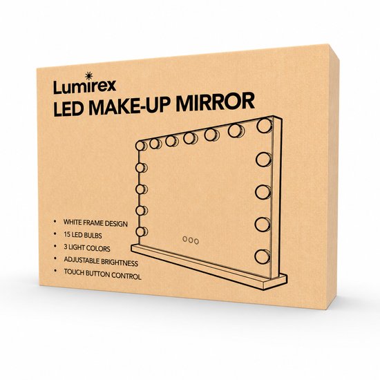 Lumirex Hollywood-Spiegel 58 x 46 cm – Make-up-Spiegel mit Beleuchtung – 15 LED-Lampen – dimmbar – 3 Lichtfarben – Smart Touch – Netzstrom – Visagie-Spiegel – Weiß