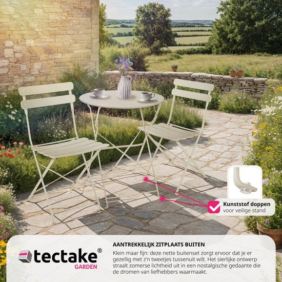 tectake - Klappbares Bistro-Set für 2 Personen mit Stahlgestell, Tisch und Gartenstühlen - Für Balkon und Terrasse - Outdoor-Set - Garten-Set - Klapptisch und Klappstühle - elegantes Design - creme