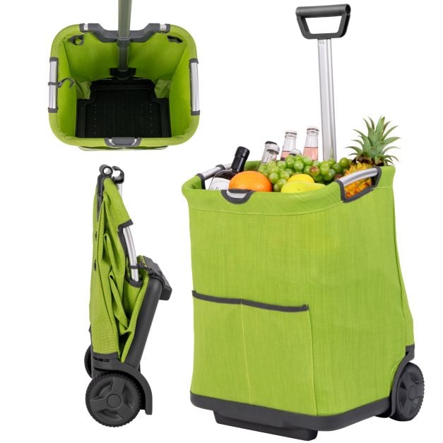 Coast Faltbarer Einkaufswagen - 50L Fassungsvermögen - Faltbares Design - Aluminiumrahmen - 2 Räder - Höhenverstellbar - 3 Ablagefächer - Grün