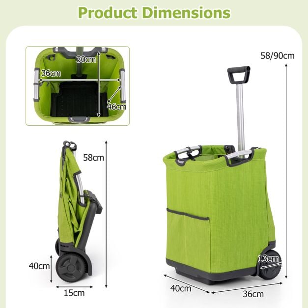 Coast Faltbarer Einkaufswagen - 50L Fassungsvermögen - Faltbares Design - Aluminiumrahmen - 2 Räder - Höhenverstellbar - 3 Ablagefächer - Grün