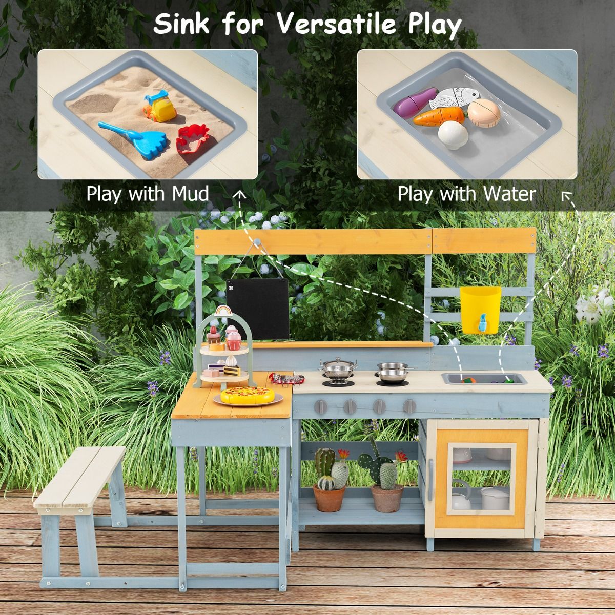 Coast Spielküche für Kinder – 2-in-1-Spielküche und Essecke – mit Stauraum und Zubehör – grau – 150 x 71 x 99 cm