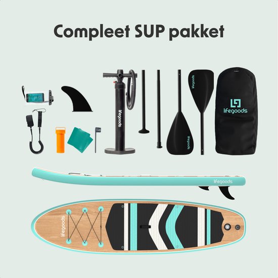 LifeGoods PaddlePro SUP Board - Aufblasbares Paddle Board - Komplettset - Max. 150KG - 320x81cm - Holz/Mintgrün
