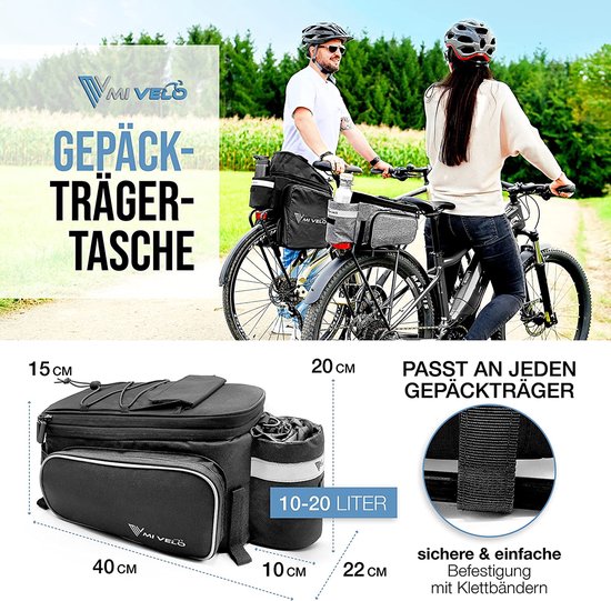 MIVELO - Gepäckträgertasche - Gepäcktasche Fahrrad - erweiterbar bis 20 l - wasserdicht - 20 l schwarz