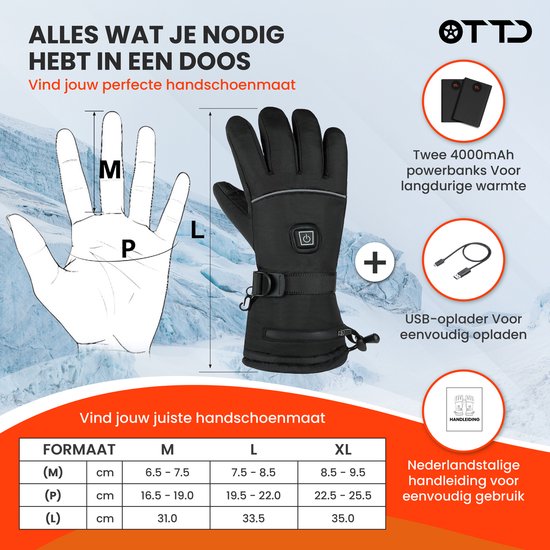 TTD® Beheizte Handschuhe Wiederaufladbar - Größe XL - Elektrische Handschuhe mit Heizung - Beheizte Fäustlinge - Batteriebeheizte Handschuhe Männer und Frauen - Unisex