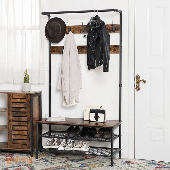 Goliving Garderobe XL - Garderobenständer - Schuhablage - Stehend - Industrieschrank - Metall/Holz - 100 x 41,5 x 182 cm - Braun/Schwarz