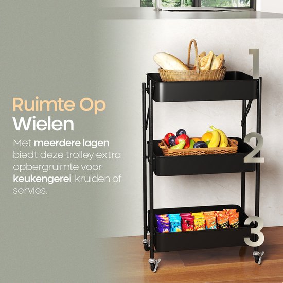O'DADDY® Küchenwagen zusammenklappbar - 3 Lagen - Servierwagen auf Rädern - Küchenwagen - Rollbarer Tisch - Aufbewahrungswagen - Aufbewahrungswagen - Küchenregal - Schwarz