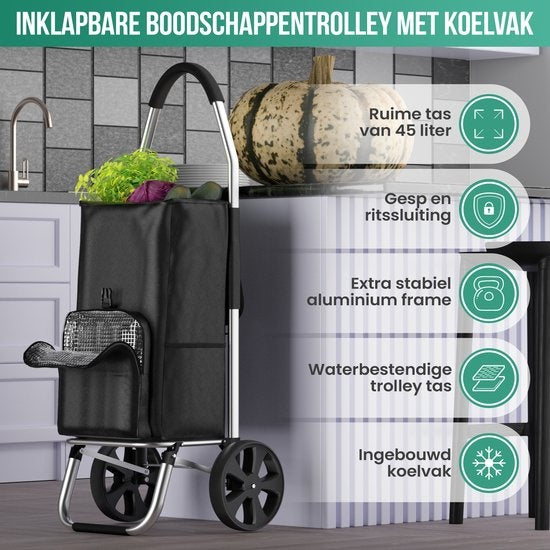 Avalo Einkaufstrolley - Mit Kühlfach - Zusammenklappbar - Herausnehmbare Einkaufstasche - Schwarz