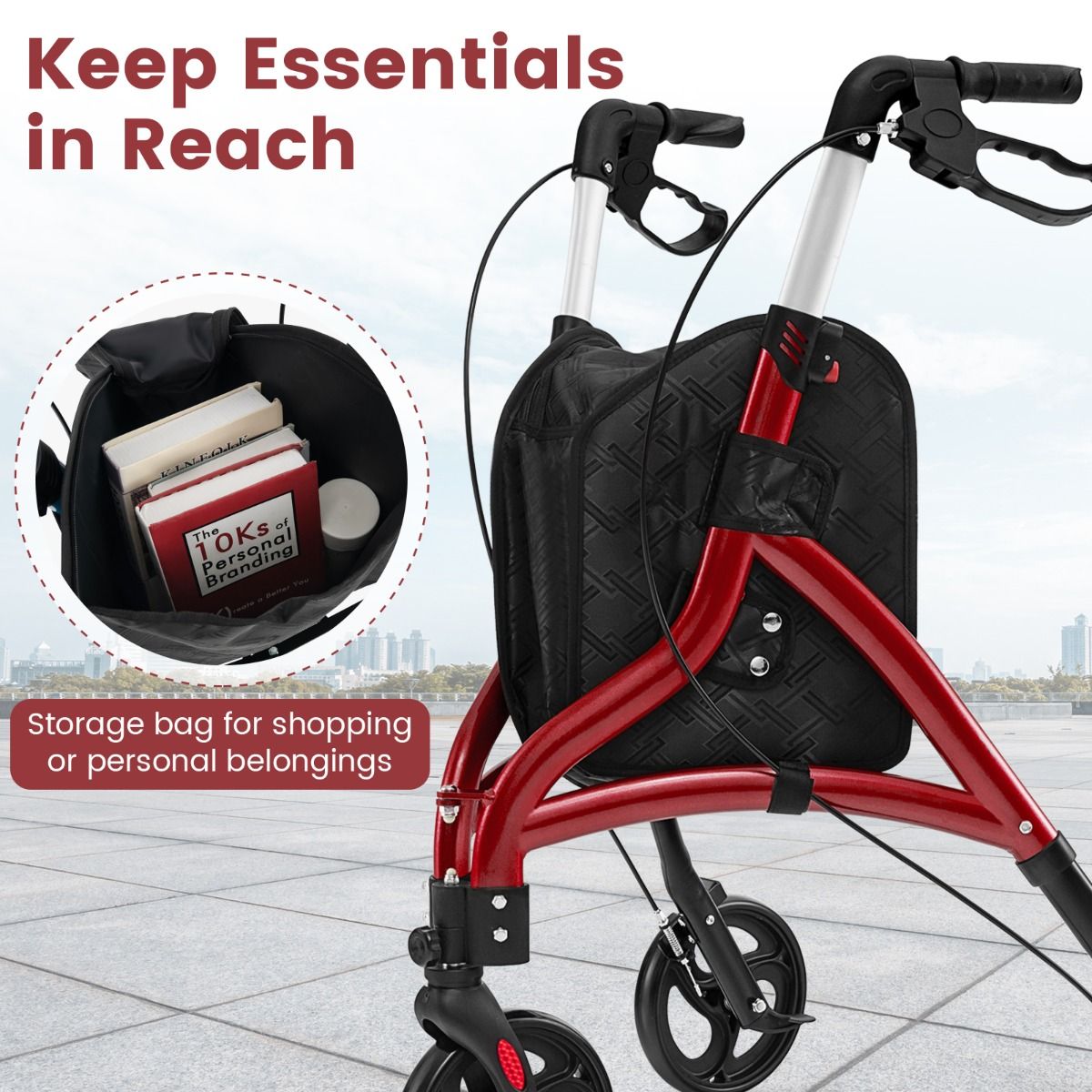 coast walker for seniors - Faltbarer Rollator Rot - Aluminiumrahmen - 78x67.5x86-96 cm - 20 cm Räder