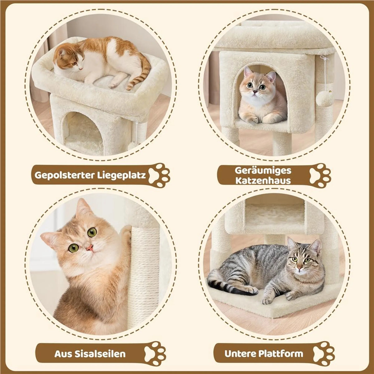 Yaheetech Katzenständer mit Katzenhöhle - ausgestattet mit Sisalkratzern und Hängematte und weichem Liegebereich - für Kätzchen und kleine Katzen - beigefarbener Plüsch und Spanplatte - 40,5 x 40,5 x 59 cm