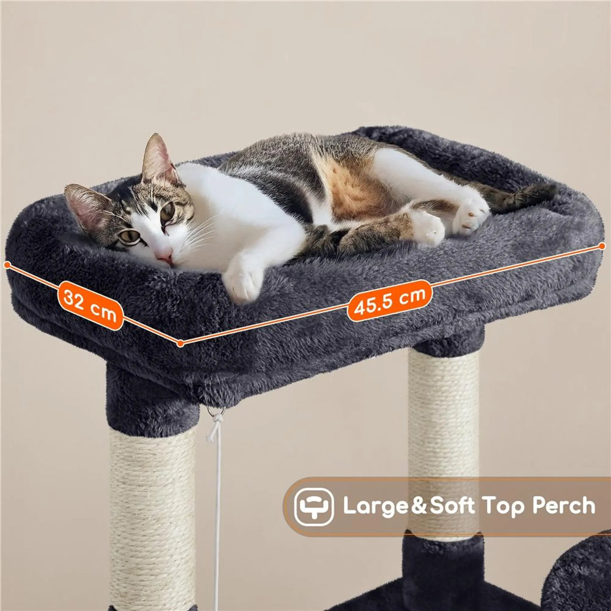 Yaheetech Katzenpfosten mit 5 Sisalstangen - Ausgestattet mit gepolsterter Aussichtsplattform und Hängematte und Katzenhöhle - Für 2 bis 3 kleine und mittlere Katzen - Dunkelgrauer Plüsch und Metall - 43,5 x 43,5 x 106 cm