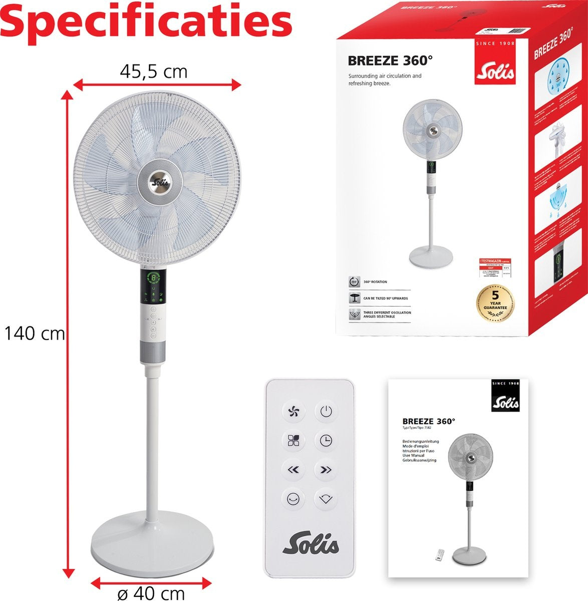 Solis Breeze 360Â° Standventilator 7582 - Standventilator mit Fernbedienung - Timerfunktion - 140 cm hoch - Weiß