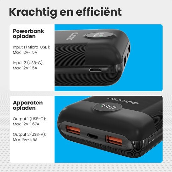 Auronic Powerbank - Schnellladegerät für iPhone und Samsung - 20.000 mAh - 22,5 W - 3 Ladeanschlüsse - Schnellladen über USB-A und USB-C - Schwarz