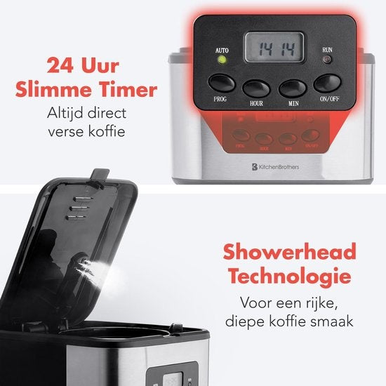 KitchenBrothers Kaffeemaschine - Filterkaffee - mit Glaskanne - 12 Tassen - Schwarz/RSF